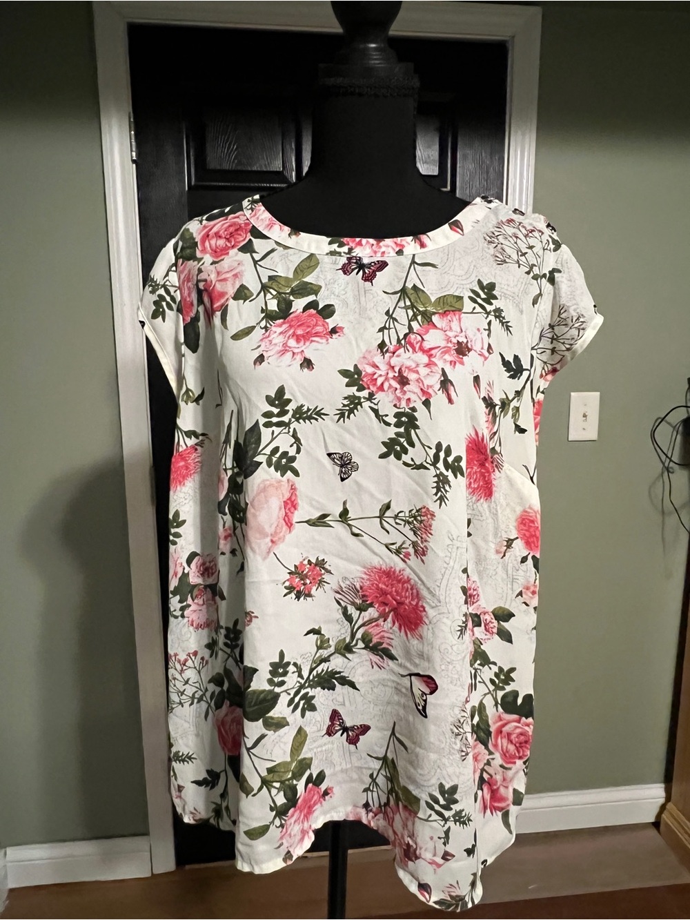 Daniel Rainn White Floral Blouse with Pink and Green Bloom Print